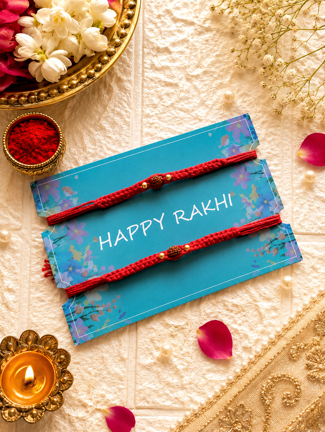 Set of two deep red braided Rakhi threads featuring a central natural Rudraksha bead flanked by gold accent beads on a blue Happy Rakhi card.