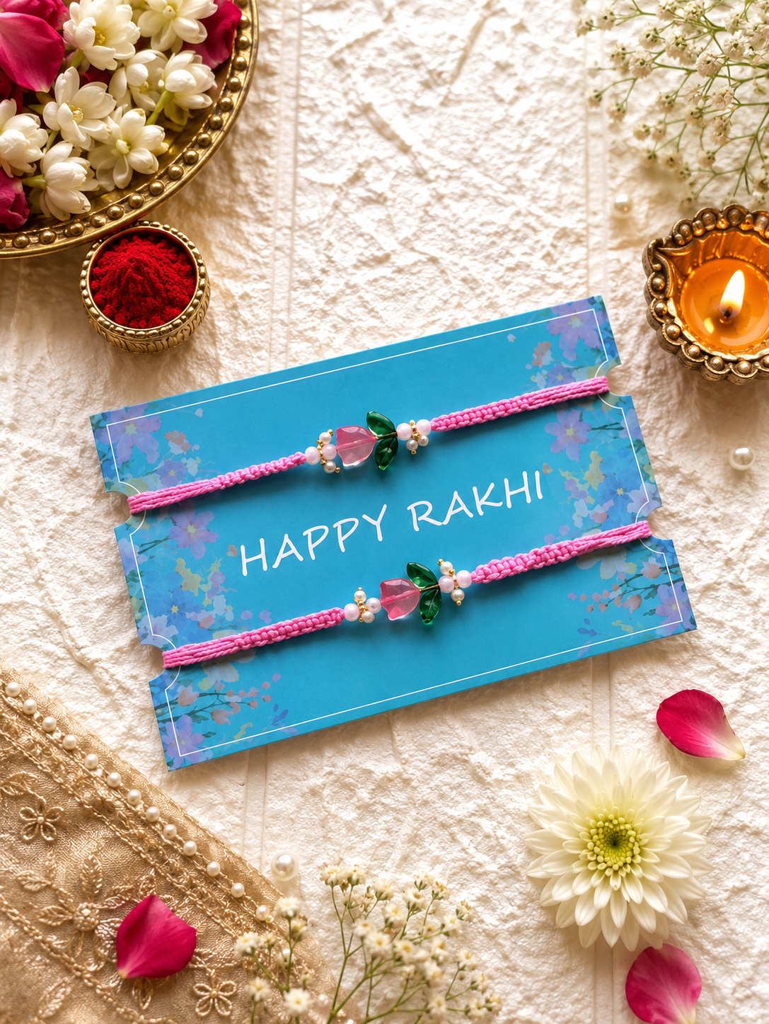 Two pink braided Rakhi wristlets with small floral and bead embellishments, presented on a blue card that reads 'HAPPY RAKHI,' styled on a textured cream fabric with flowers, petals, and a lit diya.