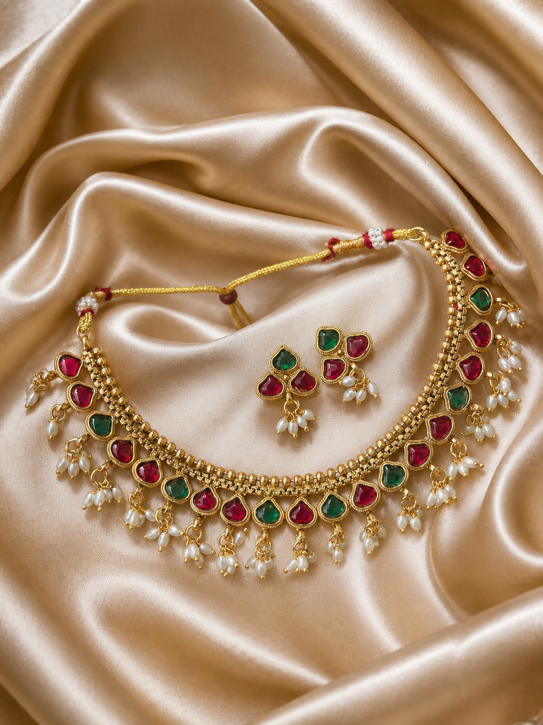 A traditional gold-plated festive necklace and matching small dangle earrings arranged on a shimmering champagne gold satin fabric. The necklace features a row of alternating heart-shaped ruby red and emerald green kemp stones, each finished with a small hanging cluster of white pearls.
