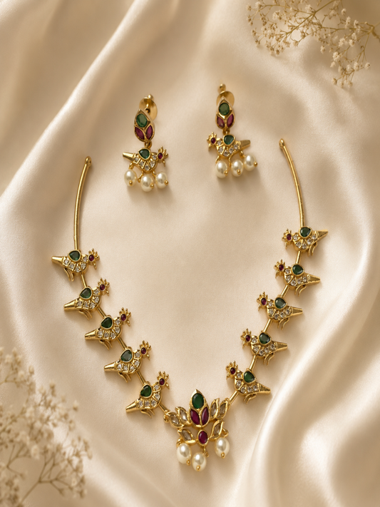 Traditional Gold Parrot Motif Kemp Necklace Set