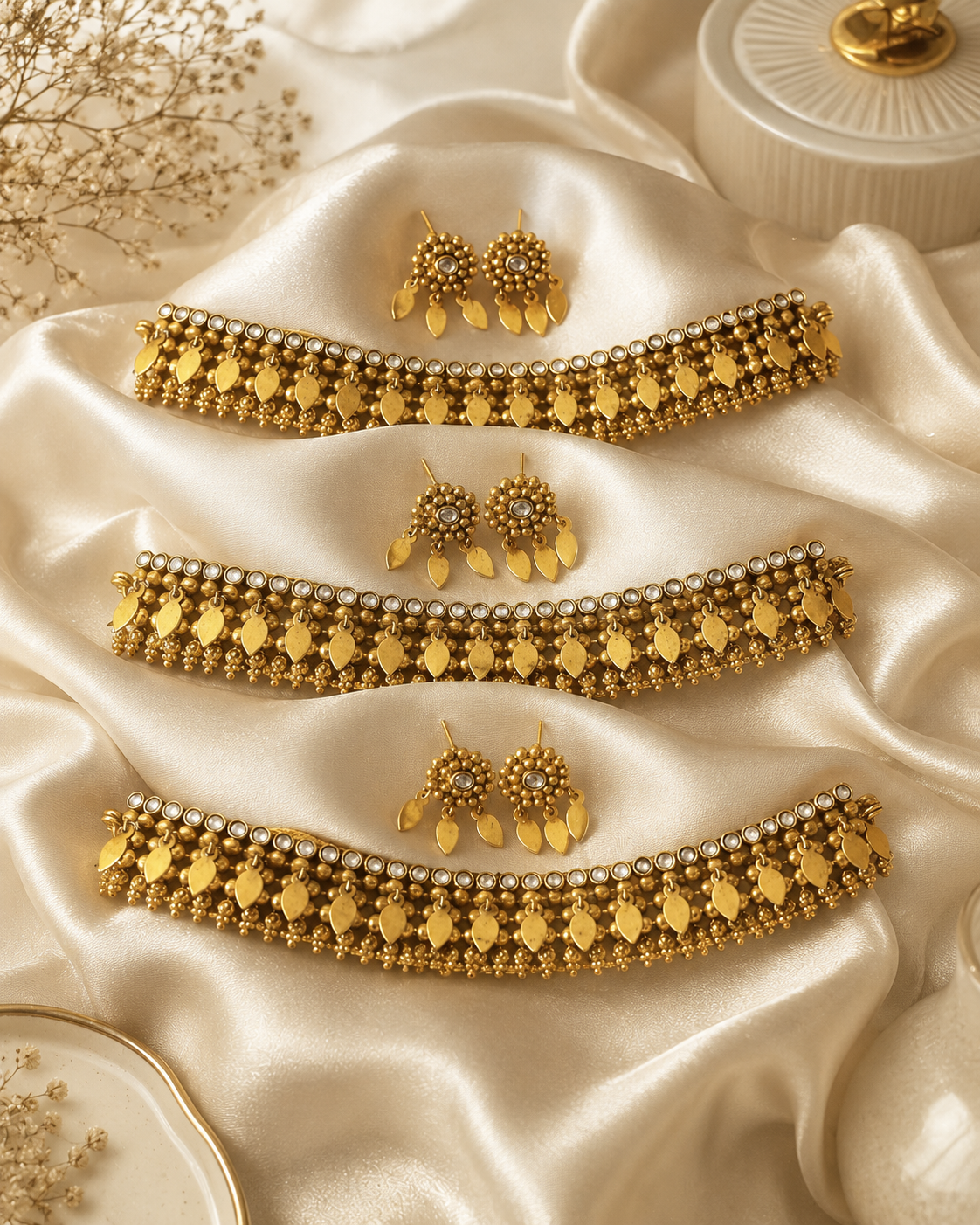 Poonam Antique Gold Elakkathali Choker Set with White Stones
