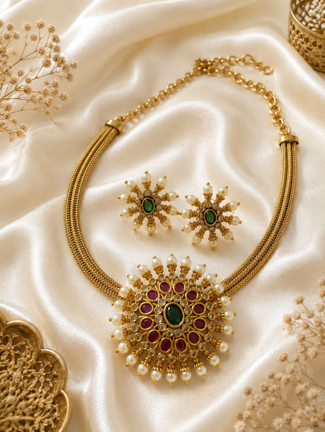 Vidhya heritage jewelry set featuring a gold-toned multi-strand mesh chain necklace with a large circular sunburst Kemp pendant inlaid with a center green stone, ruby accents, and a halo of small white pearls, laid flat on off-white satin silk with matching green-centered sunburst pearl stud earrings.