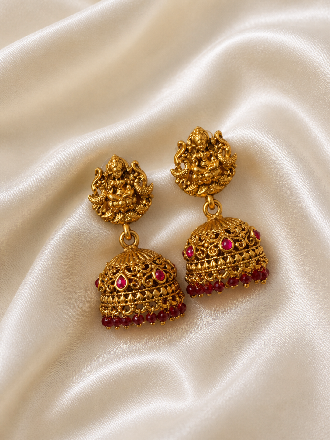 Traditional Maroon Beaded Temple Jewelry Set with Jhumkas