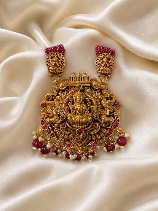 Traditional Maroon Beaded Temple Jewelry Set with Jhumkas