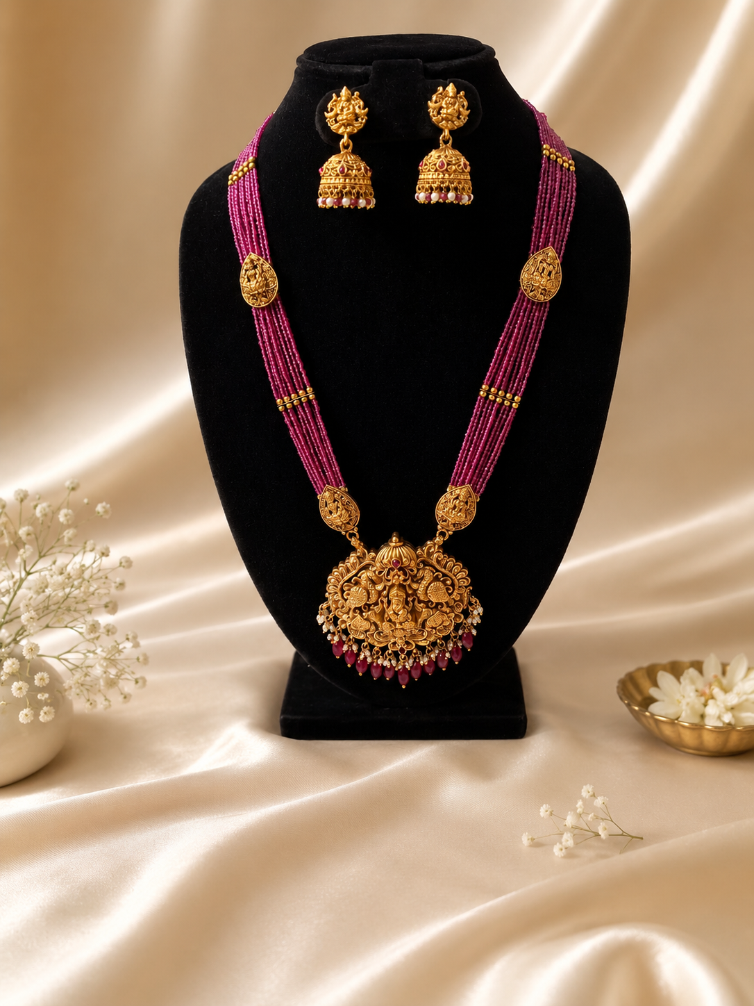 Pink Maharani Multi-Strand Temple Jewelry Set