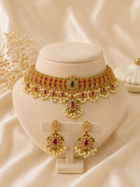 Rani Antique Gold Kemp Choker Set with Pearls |