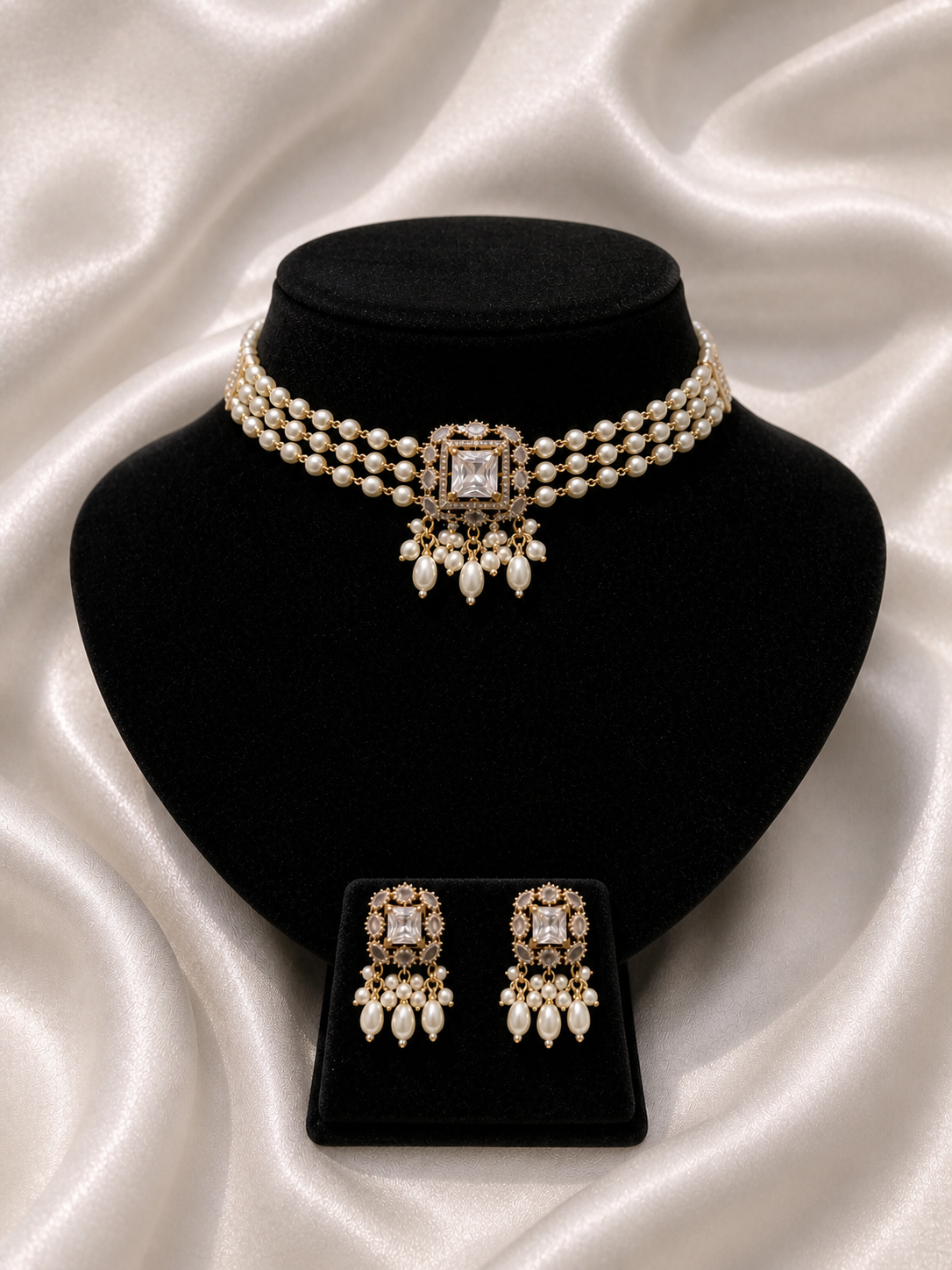 A sophisticated jewelry set displayed on a black velvet stand against cream satin. It features a three-strand white pearl choker necklace with a central square-cut clear crystal pendant and hanging pearl drops, paired with matching statement earrings.