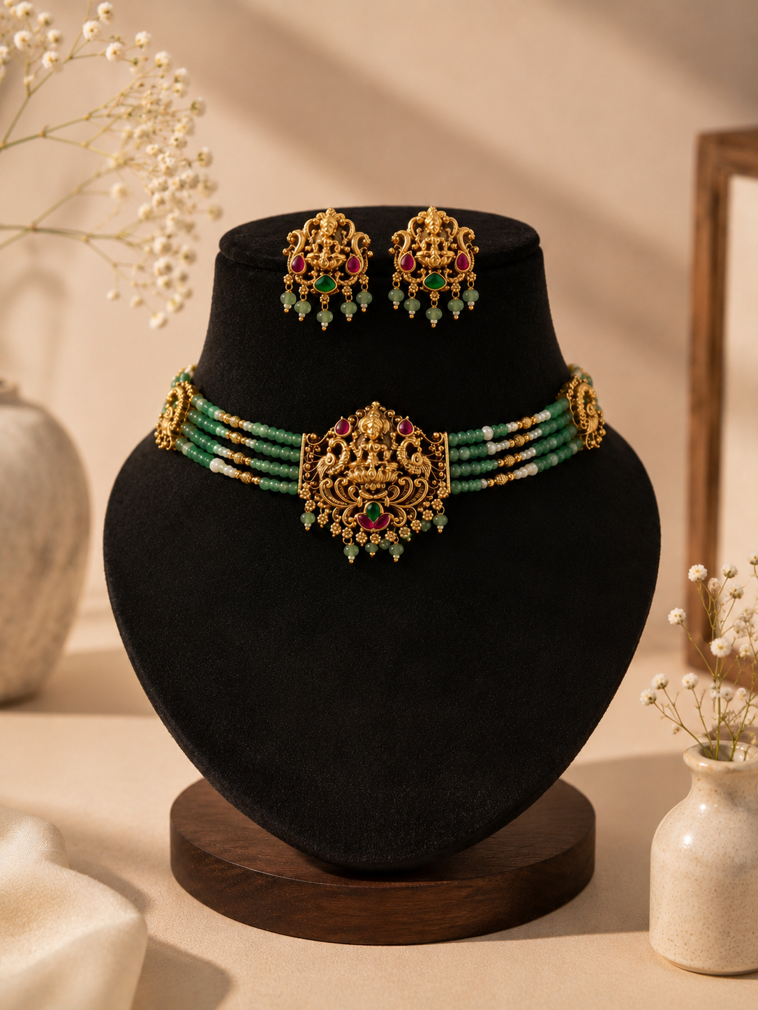 A beautiful temple jewelry set displayed on a black velvet bust, featuring a 4-strand choker made of light green beads and tiny pearls, centered around an antique gold-plated Goddess Lakshmi pendant with ruby red and emerald green accents, paired with matching statement stud earrings.