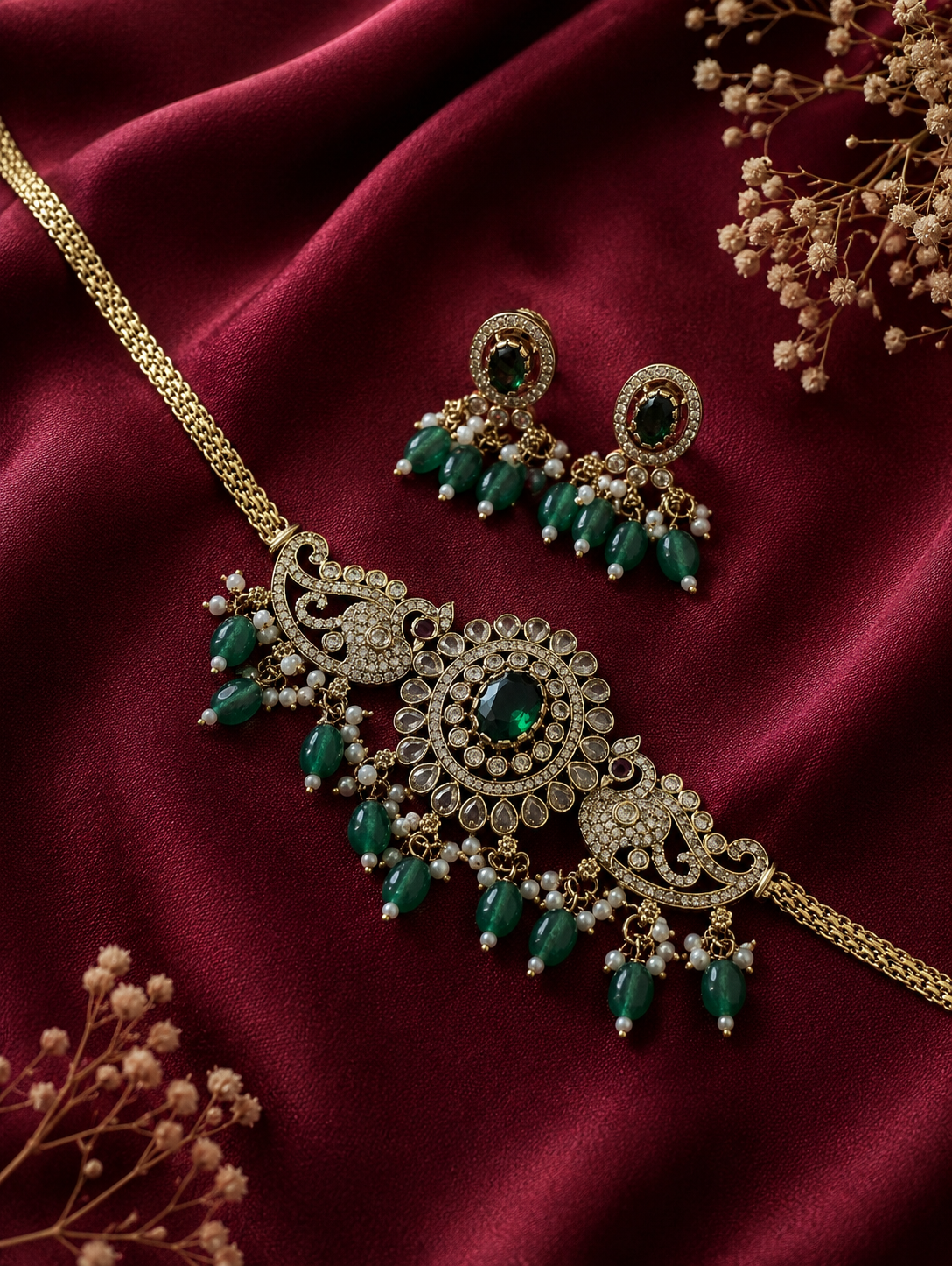 Haini Antique Peacock Emerald Choker Set