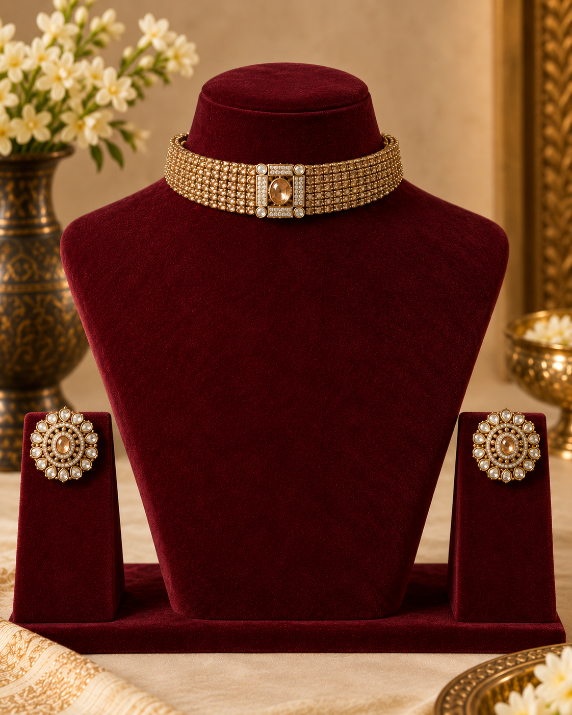 Gold-Plated Fine Pearl Strand Choker Necklace Set with Amber Kundan Centerpiece & Floral Stud Earrings