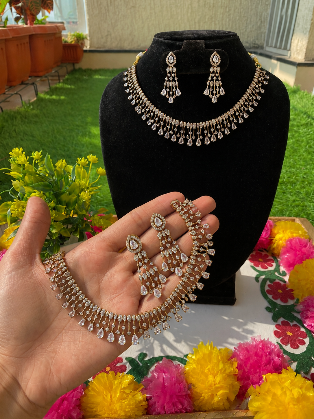 Ananya Elegant Teardrop Fringe AD Necklace Set