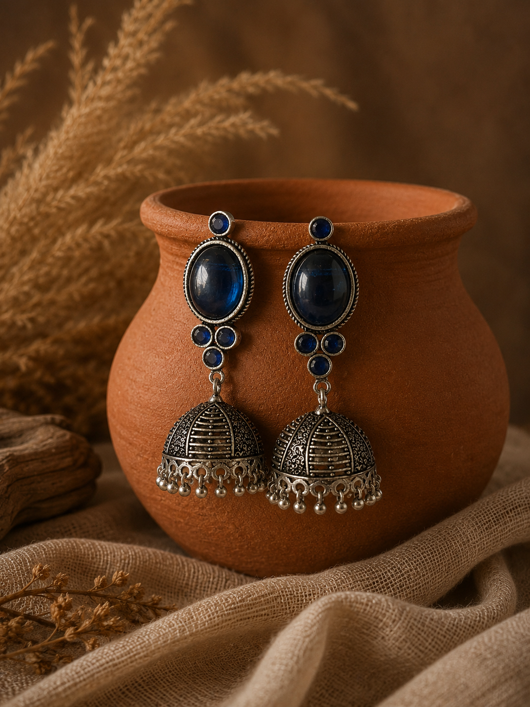 Pair of earrings with blue stones on a terracotta pot with a natural background