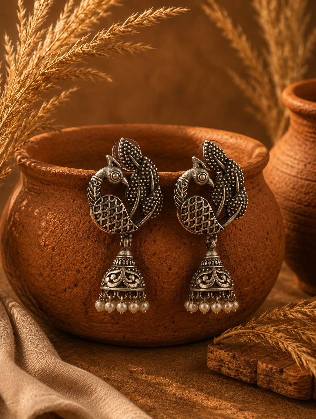 A pair of Rajmayur oxidized silver jhumka earrings featuring an detailed peacock design with textured feathers, hanging on the rim of a rustic clay pot.