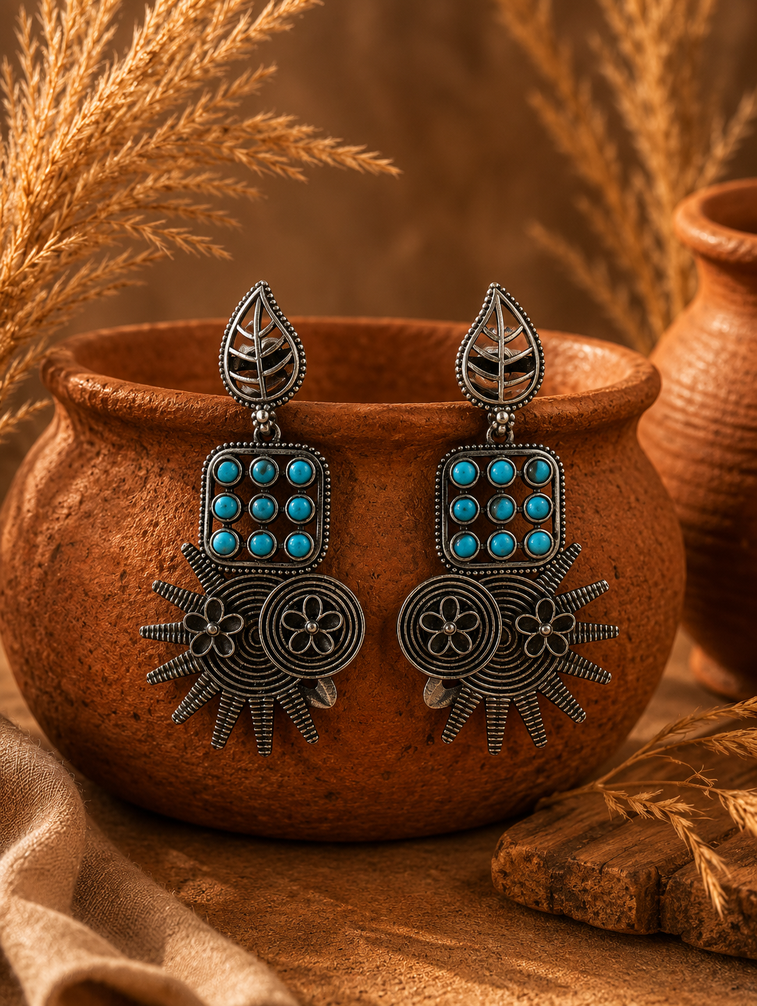 A pair of Vanya oxidized silver boho-style statement earrings featuring turquoise blue stone inlays, leaf motifs, and a sunburst floral design, displayed on a clay pot.