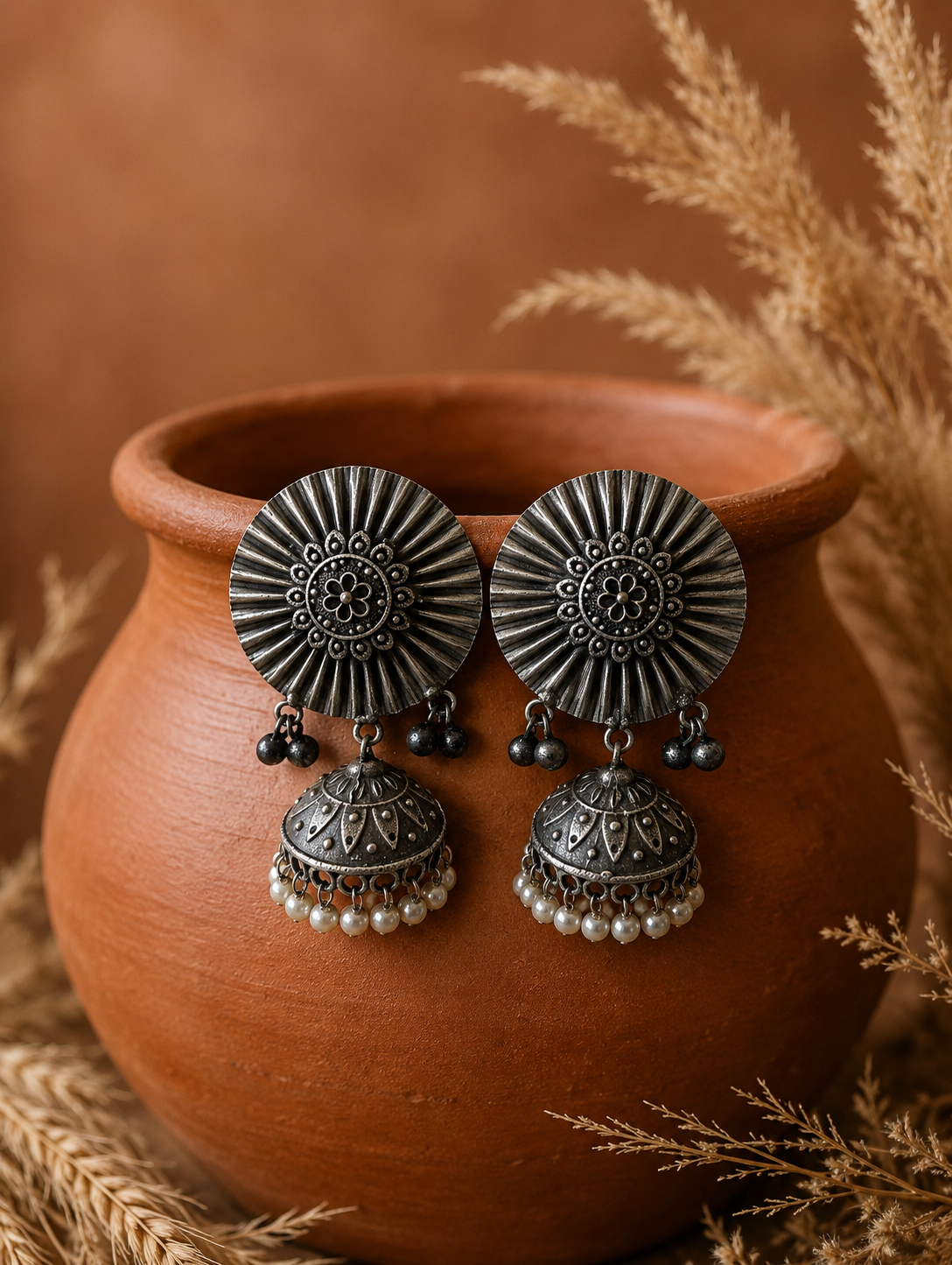 A pair of Isha oxidized silver jhumka earrings featuring large, circular sunburst studs with a floral center design and dangling dome-shaped bells trimmed with white pearls, displayed on a terracotta pot.