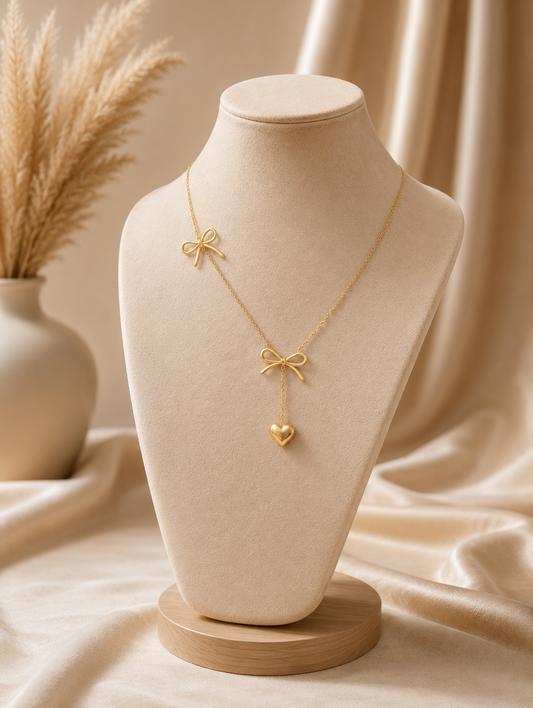 A detailed close-up shot of a high-polish gold necklace featured in GN010_asymmetric bow necklace_a.png. The necklace showcases a sleek, sculpted gold ribbon bow with a fine gold chain dropping from its center, ending in a smooth, puffed gold heart pendant. The jewelry is elegantly draped over a polished, dark black marble surface with striking white veins, illuminated by warm, atmospheric lighting with soft dried flowers blurred in the upper background.