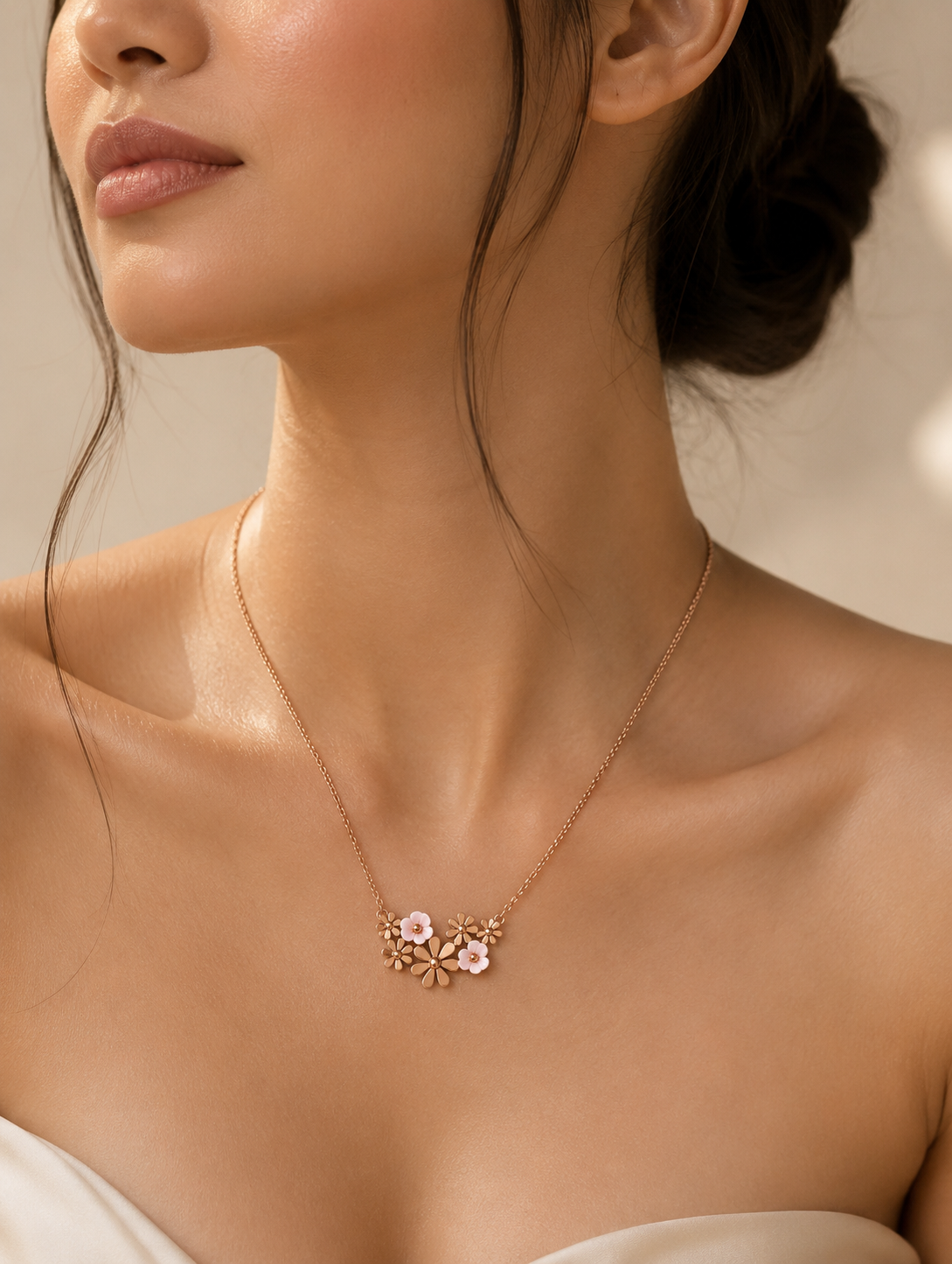 A gold necklace featuring an integrated cluster of small metallic flowers and soft pink enamel daisies, displayed diagonally across a white marble slab with dried pampas grass nearby. Stainless Steel.