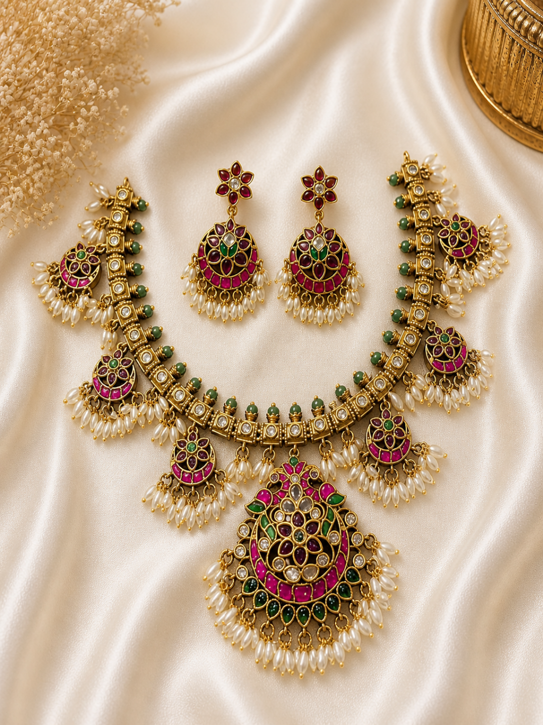 Traditional Myra antique gold jewelry set consisting of a collar necklace with a large teardrop-shaped floral kemp pendant and matching earrings, decorated with ruby pink stones, green beads, and a fringe of white pearls.