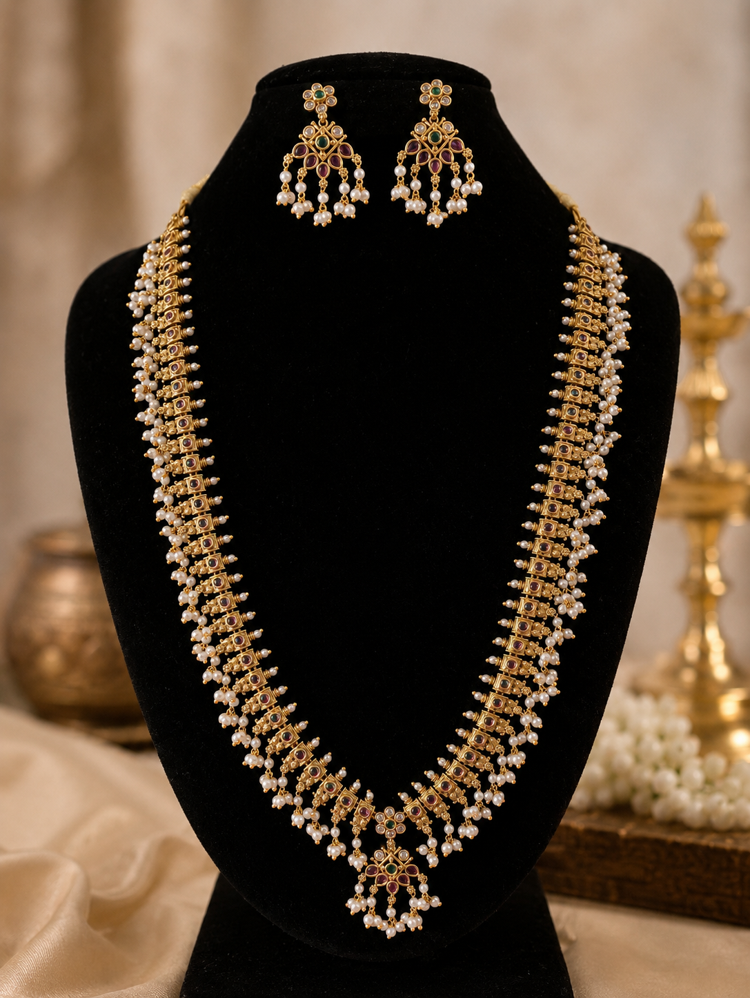Gold and pearl necklace with matching earrings on a black stand.