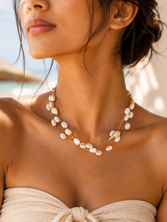 A close-up view from image_8531ba.jpg showing a woman wearing a delicate multi-strand gold necklace strung with polished, iridescent white oval shell beads against a sunny beach backdrop.