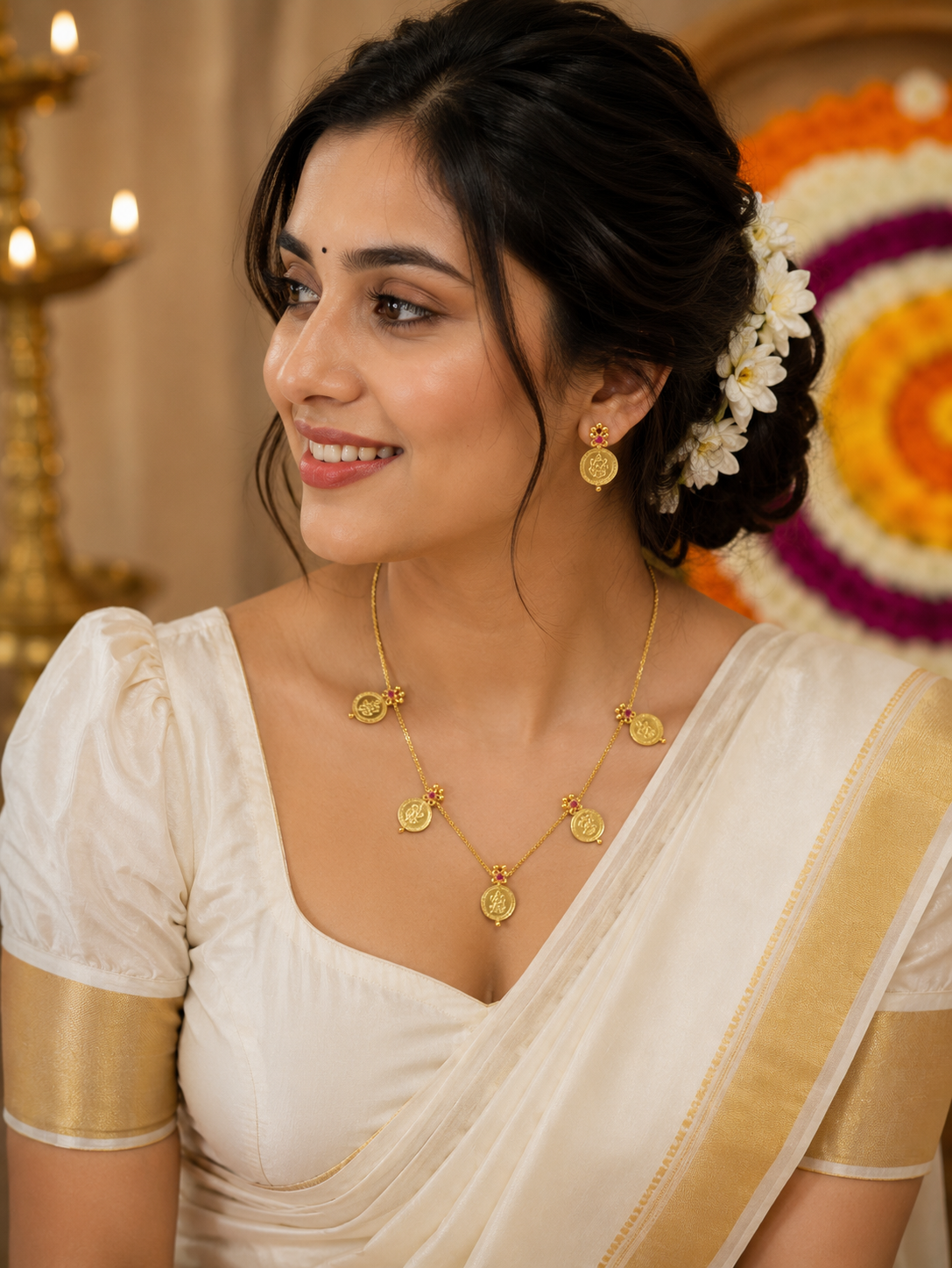 Woman wearing a white saree with gold jewelry in a decorated setting