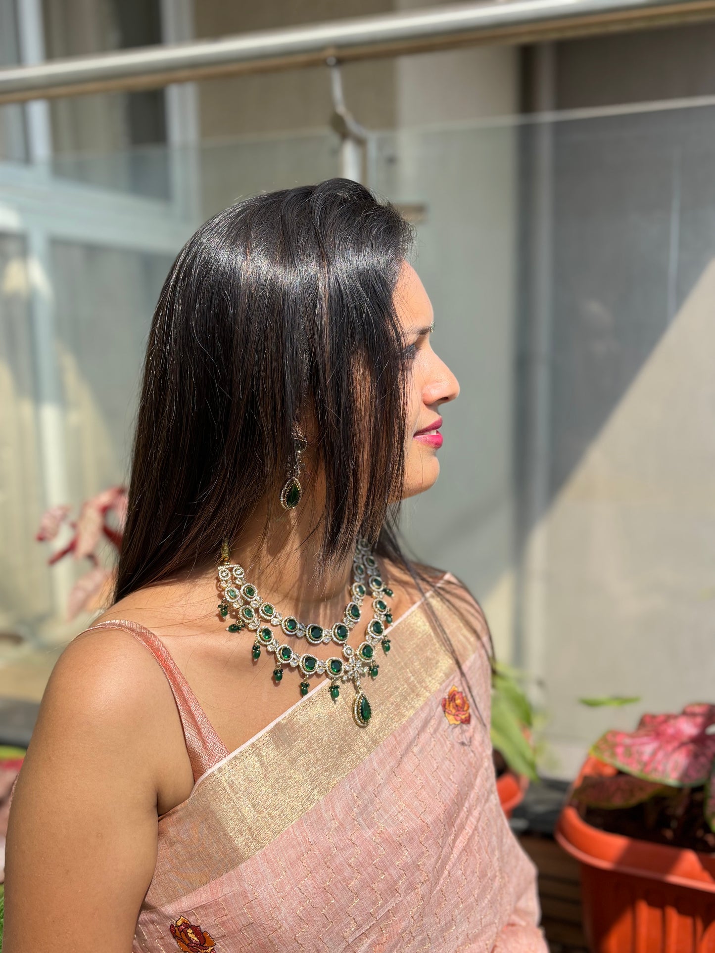 Mudra Emerald Green Layered Necklace Set with Drop Earrings