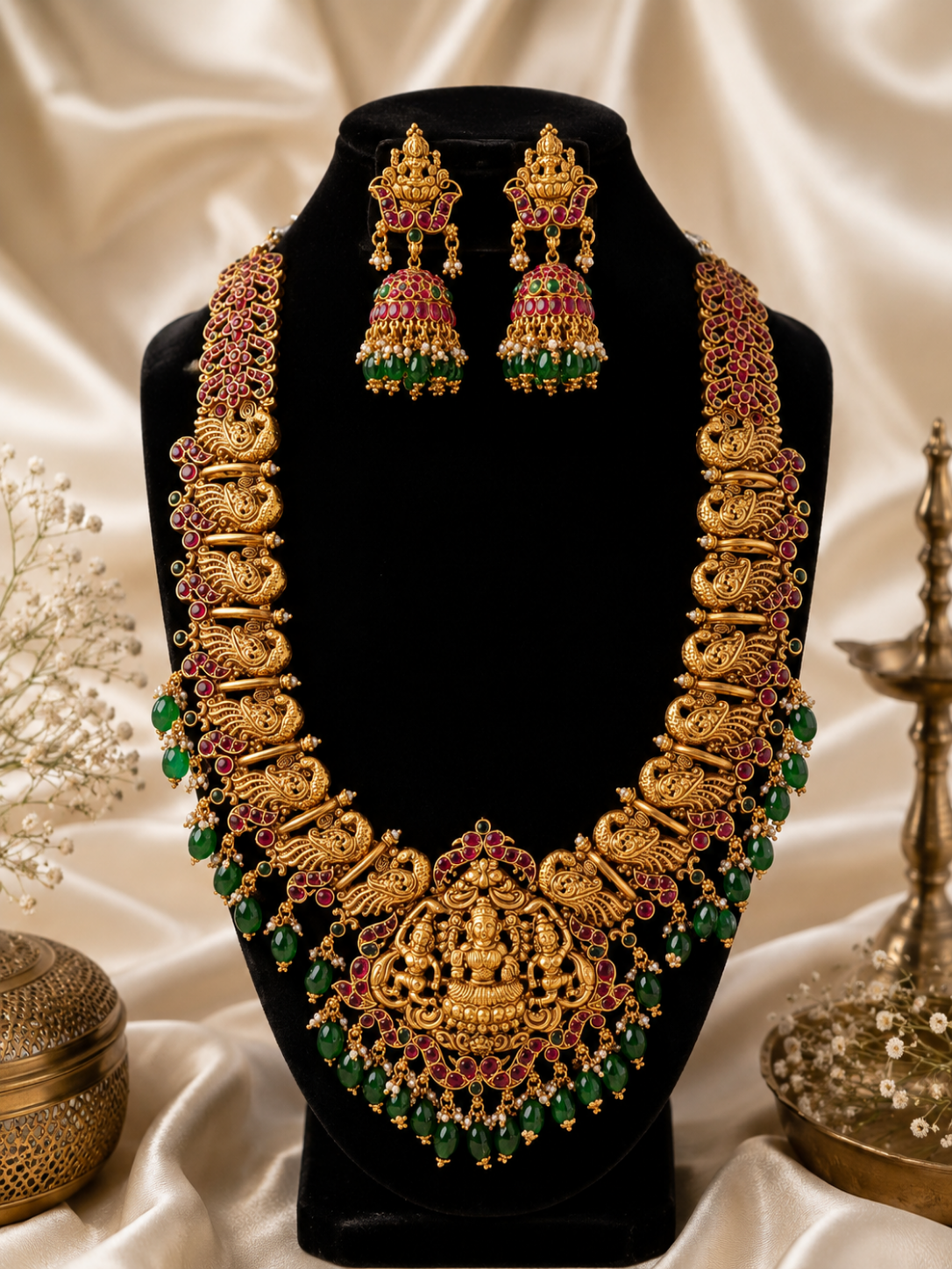 Ornate gold necklace with green beads and matching earrings on a black stand against a white fabric background.
