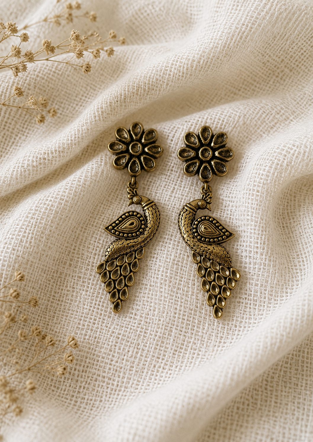 SvaraMorni Oxidized Silver and Gold Hasli Choker Set with Peacock Earrings