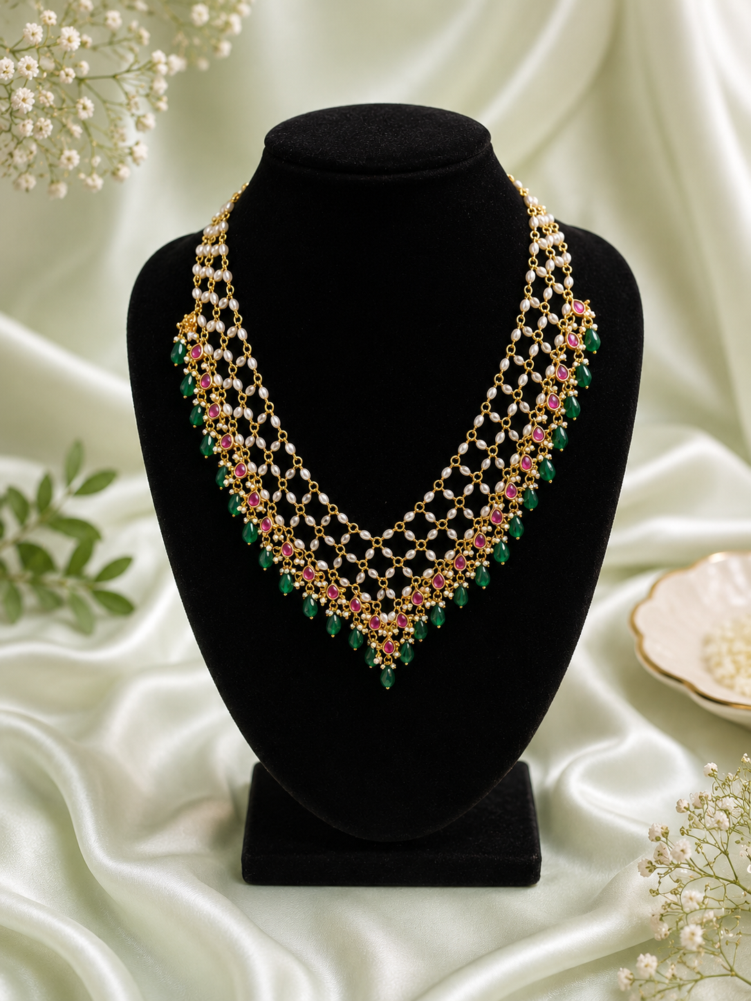 Shama Pearl and Green Drop Layered Festoon Necklace