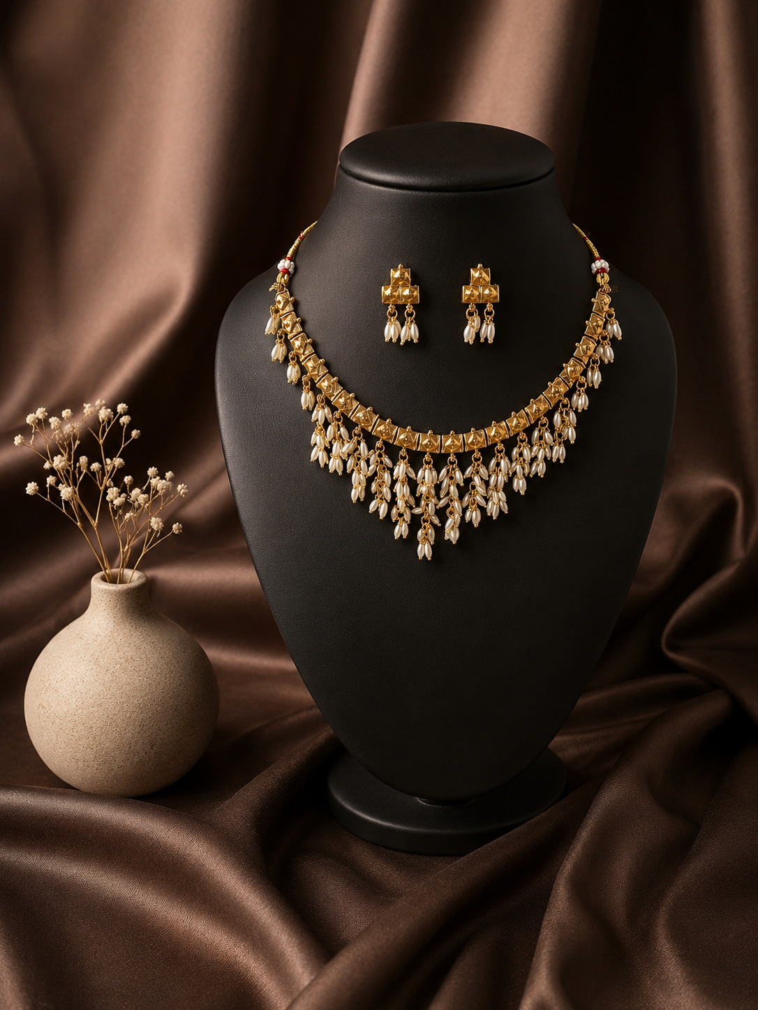Gold necklace and earrings on a black mannequin bust with a brown fabric background