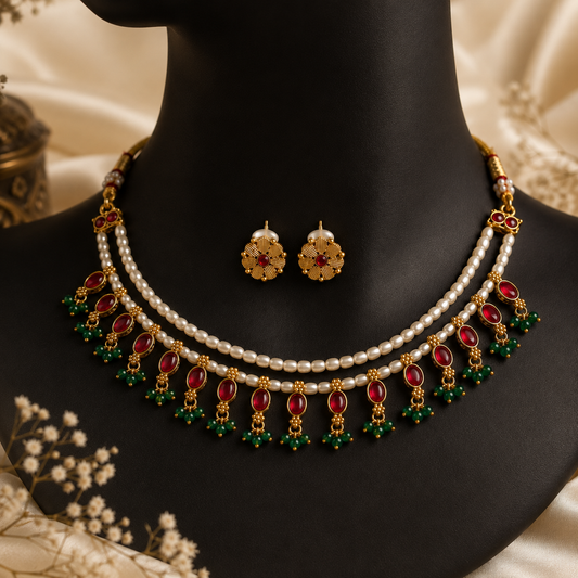 Sneha Pearl and Ruby Dual Strand NecklaceSet