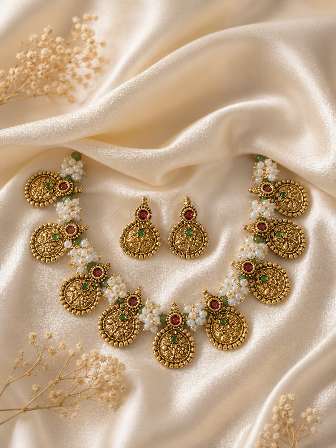 Pavithra Antique Gold Coin Non Idol Necklace Set