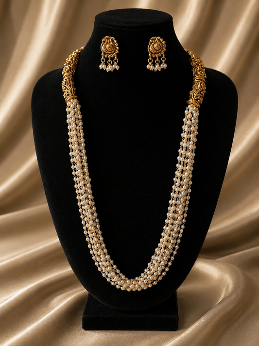 Prathima Antique Gold Multi-Strand Pearl Haaram Necklace Set