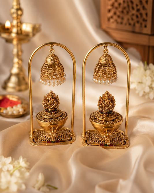 Daivik Antique Gold Ganesha Kumkum Box with Hanging Bell
