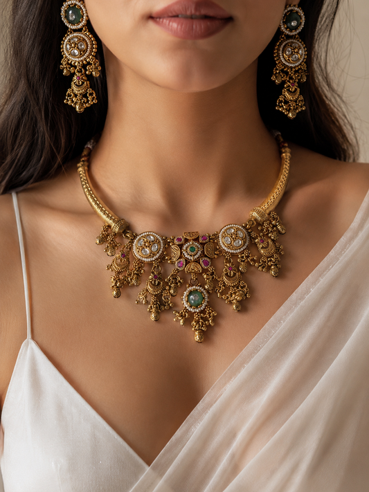 Close-up of a woman wearing an ornate gold necklace and earrings.