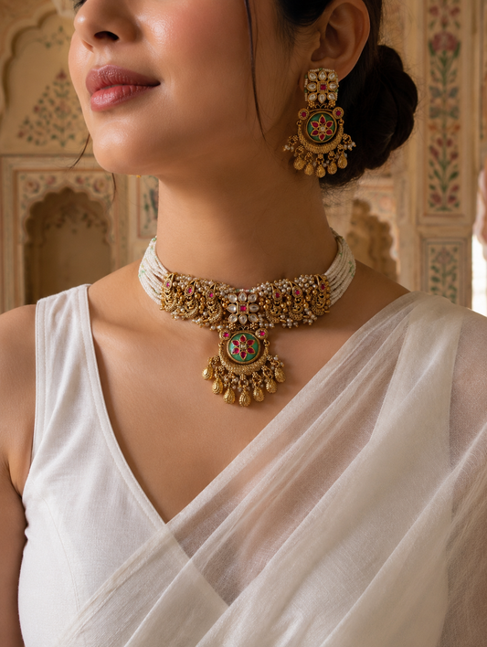 Woman wearing a white saree with gold jewelry, including a necklace and earrings, against an ornate background.