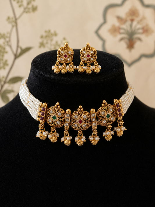 Gold necklace and earrings set on a black stand with a floral background