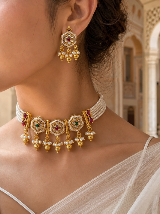 Close-up of a person wearing gold jewelry with red and green stones against a blurred architectural background.