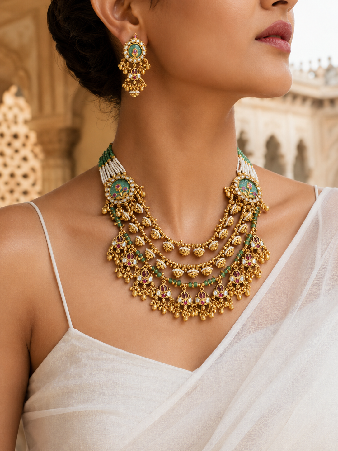 A close-up of a model wearing the R012 antique gold-plated multi-layered necklace and matching drop earrings with green enamel and pearl accents, paired with a white saree against a blurred architectural backdrop.