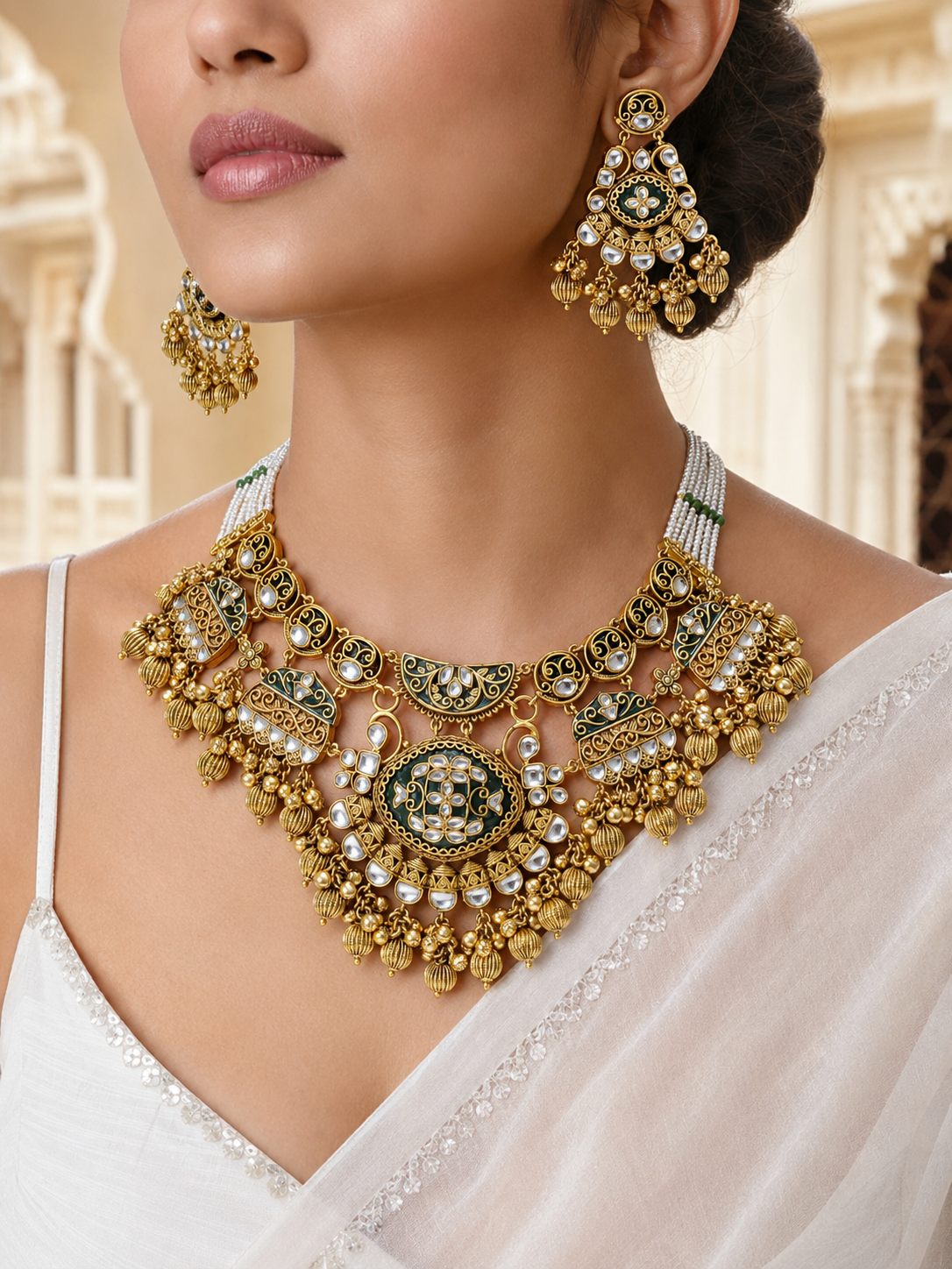 Close-up of a woman wearing an ornate gold necklace and earrings with a blurred architectural background.
