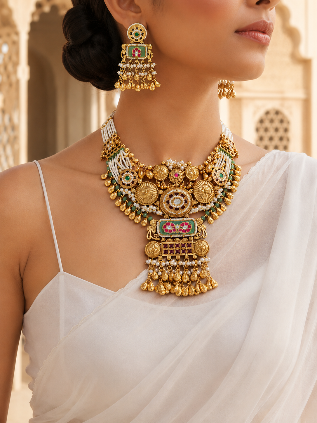 Woman wearing a gold necklace and earrings with a white saree.