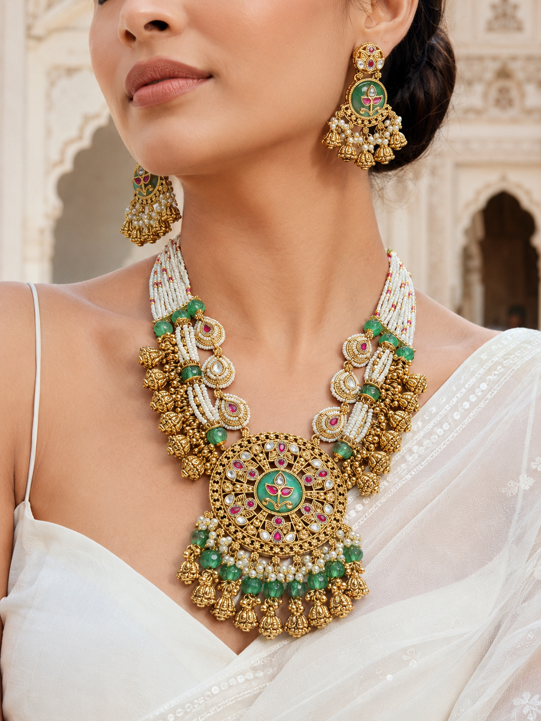 Woman wearing a gold necklace and earrings with green and red accents in an outdoor setting.