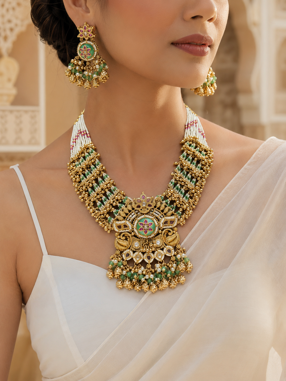 Woman wearing a gold necklace and earrings with a blurred architectural background