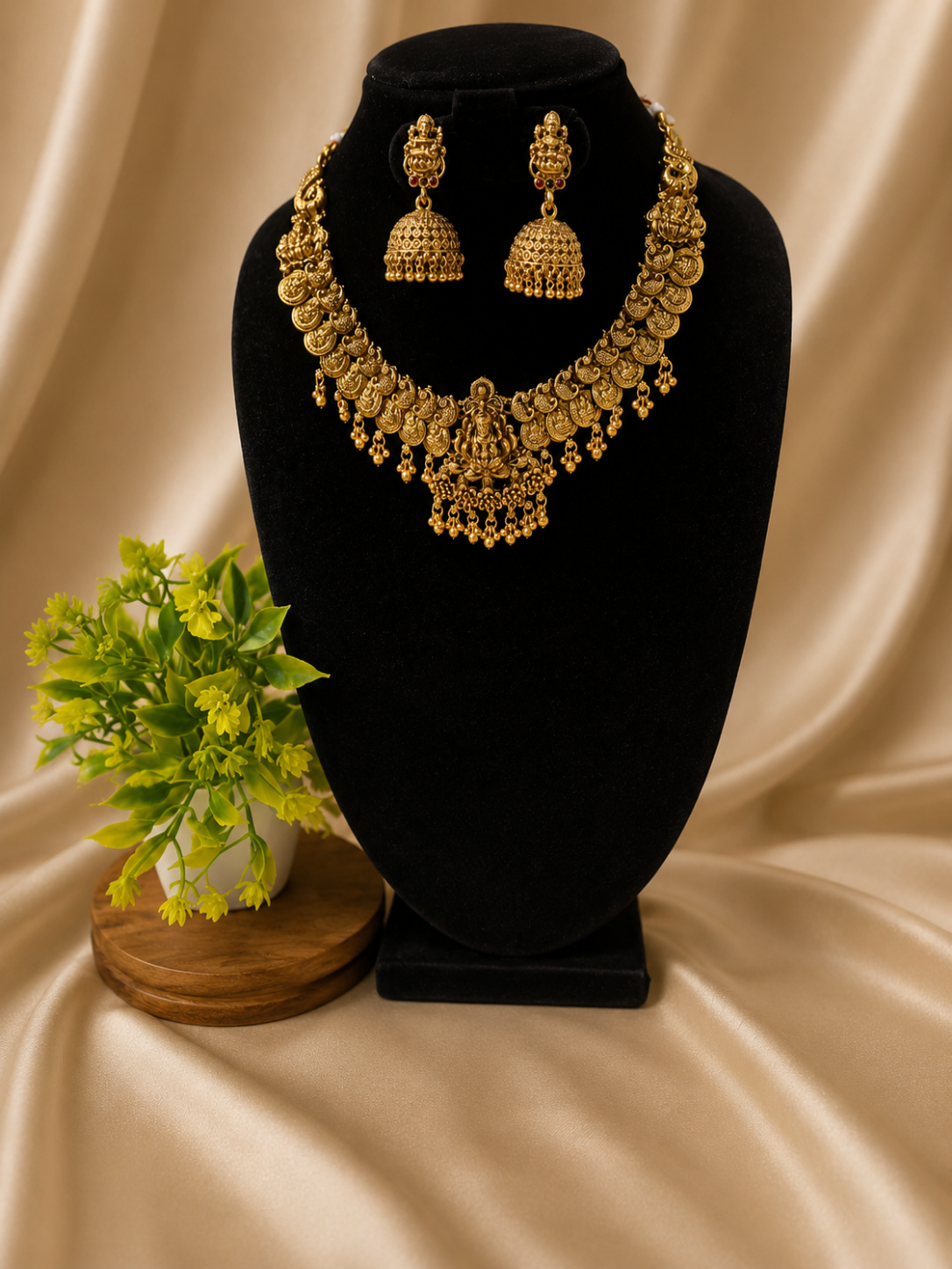 Antique Gold Lakshmi Coin Necklace Set with Jhumkas