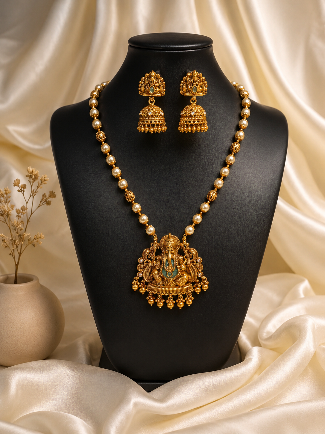 Ganesha Antique Gold Temple Pendant Pearl Mala | Antica Design