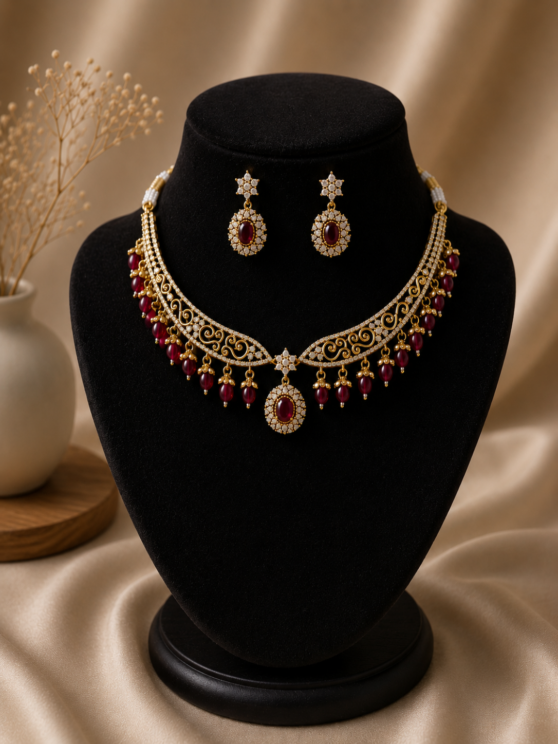 A gold-plated choker necklace set on a black mannequin display, featuring intricate filigree work with white CZ stones, hanging ruby red teardrop beads, and matching oval drop earrings.