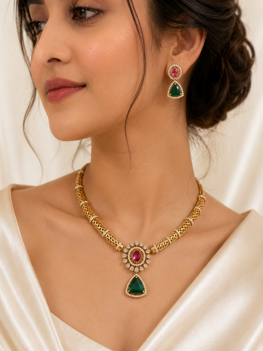 Lasya Gold Mesh Choker Emerald Ruby Pendant Set