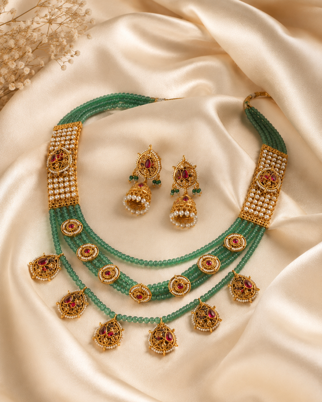 Advika Sea Green Beaded Haram Set with Jhumkas