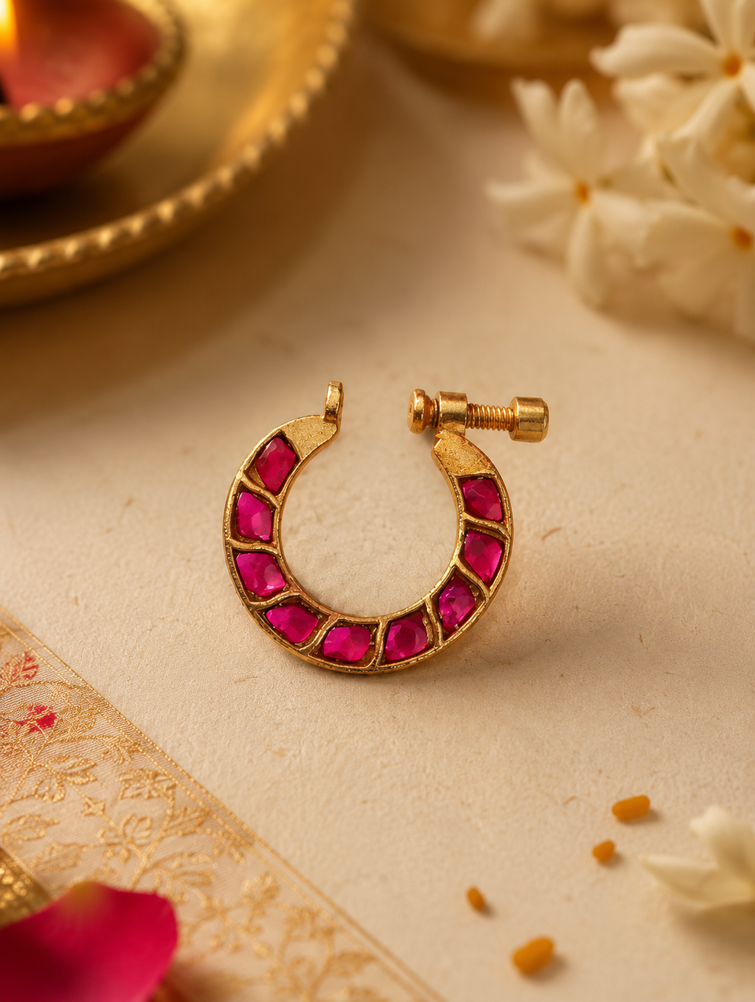 A traditional Indian gold nose ring (nath) studded with semi-precious pink stones, set against a warm-toned background with festive diyas and white jasmine flowers.