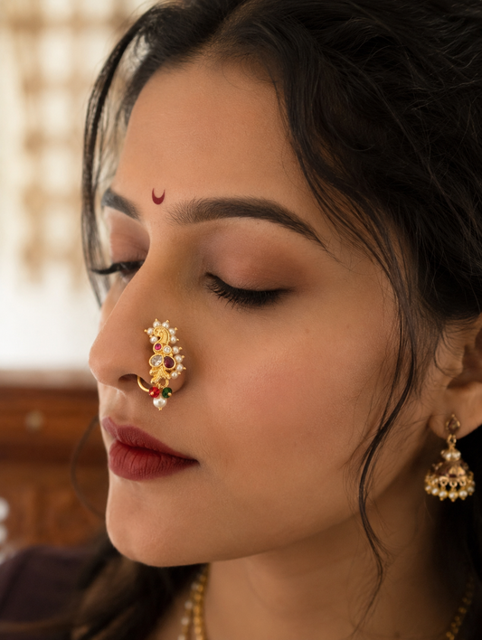 A close-up of a woman wearing a gold-toned traditional nose ornament with red and green stone accents, along with matching earrings, in an indoor setting.